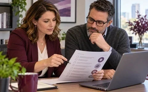 Business manager and IT colleague reviewing a data privacy compliance checklist beside a laptop