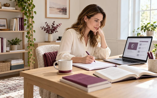 Professional studying data protection online and taking notes at a home-office desk.