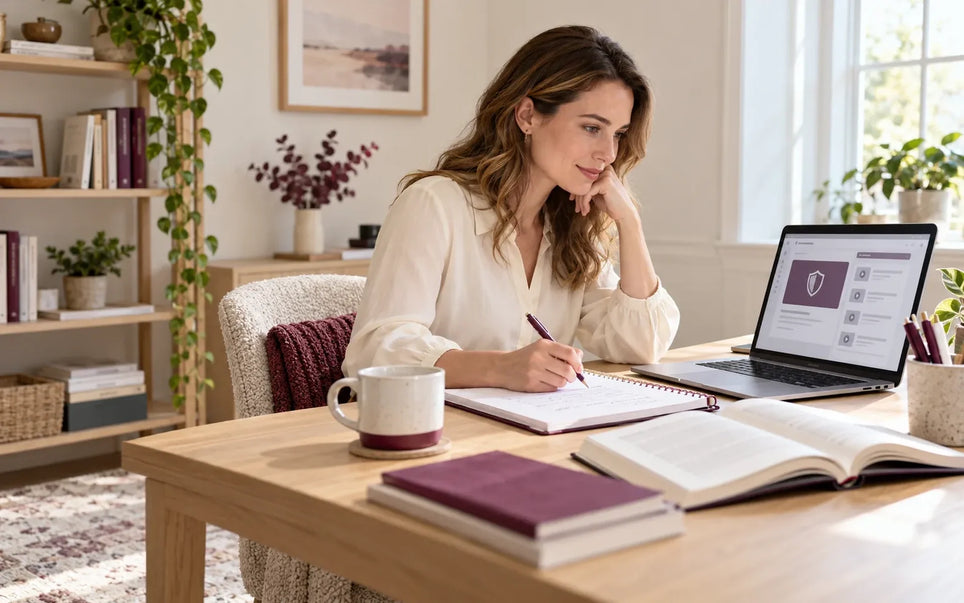 Professional studying data protection online and taking notes at a home-office desk.