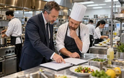 Restaurant manager and chef reviewing food safety information in a commercial kitchen
