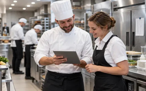 Restaurant manager and kitchen staff reviewing food allergen safety procedures in a commercial kitchen.