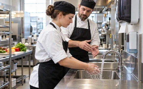 New restaurant worker learning proper handwashing during first-day food safety training