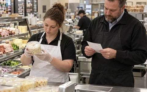 Food handler checking a labeled food item with a supervisor at a deli counter