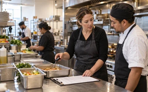 Restaurant manager checking a food temperature with a cook during a busy shift.
