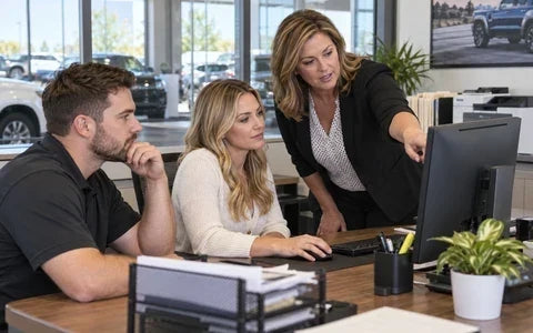 Manager discussing customer information security with employees during workplace training