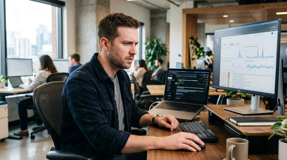 Office worker analyzing security data on screens, demonstrating how to report phishing in Outlook.