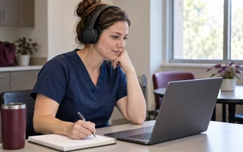 Healthcare employee completing online HIPAA training on a laptop while taking notes.
