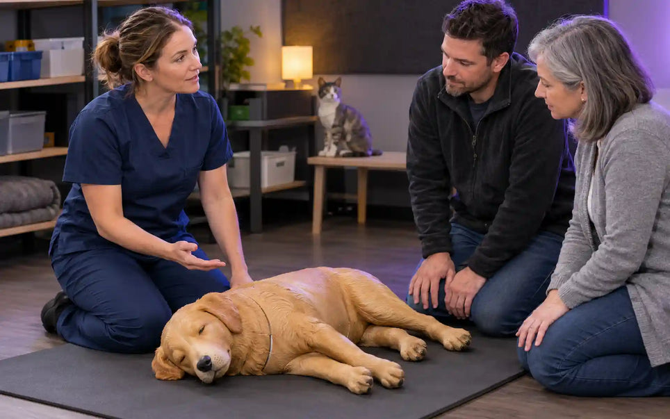 Pet first-aid training class with a veterinary technician instructor demonstrating beside a dog CPR training manikin while two adult learners observe in a modern training room.