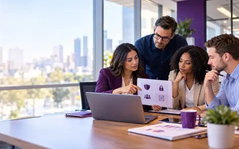 US employees discussing privacy and cybersecurity training in a modern workplace
