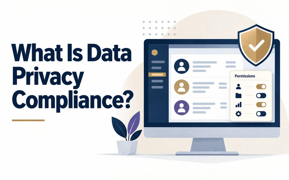 What is data privacy compliance? Illustration of personal data records, access permissions and a protective shield.