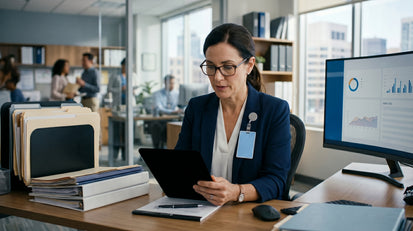 Healthcare professional reviewing Code of Conduct Training materials at a modern office desk
