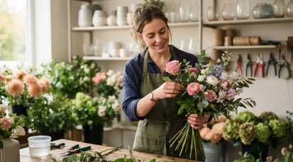 A florist is arranging a fresh mixed-flower bouquet with roses, ranunculus, and greenery in a bright floral workshop during floristry skills training.