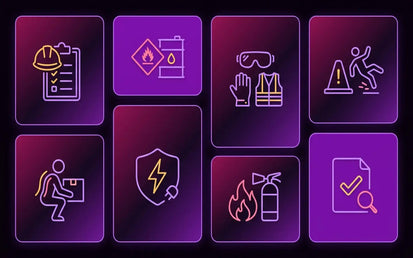 Occupational Health & Safety Essentials Bundle — purple icon grid of eight courses: OSHA basics, hazardous materials, PPE, slips and falls, ergonomics, electrical, fire safety, and incident reporting.