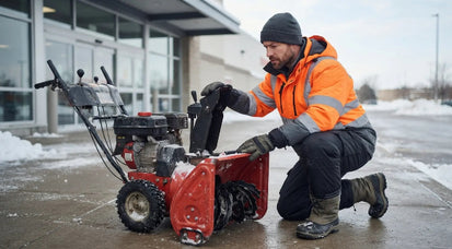 Worker inspecting a snow blower before clearing snow outside a commercial building during snow removal safety training.